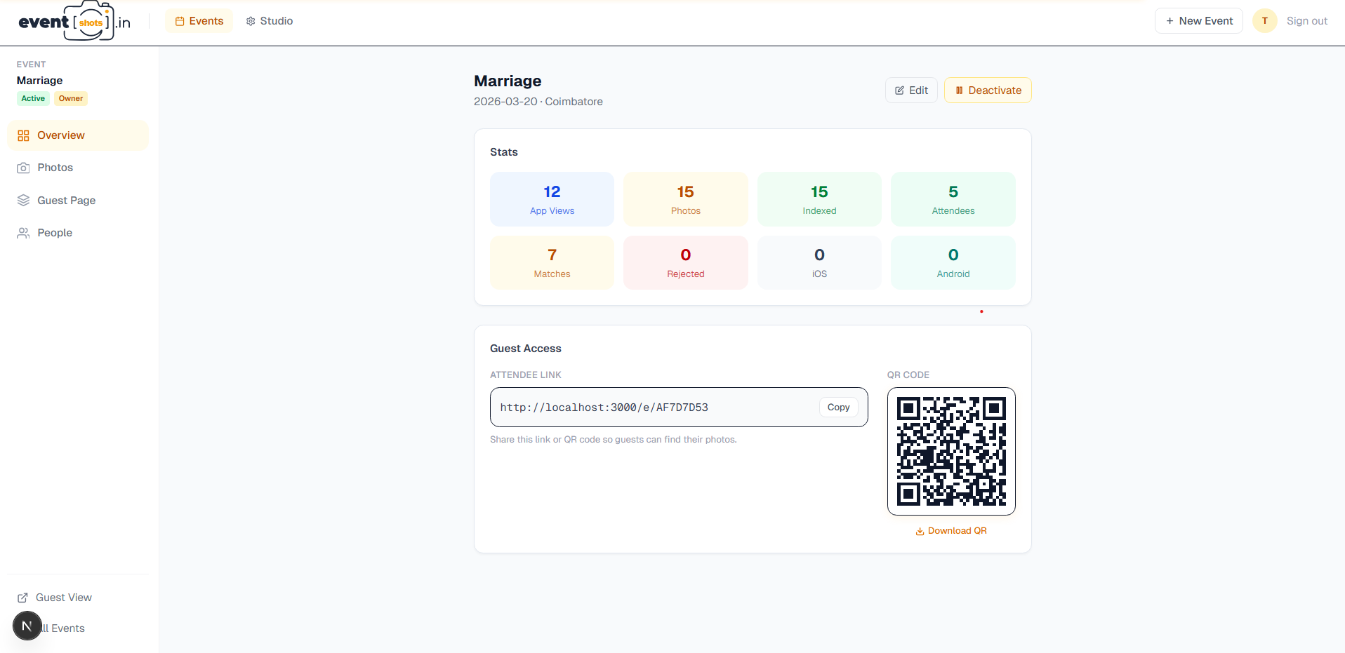 Event overview with stats